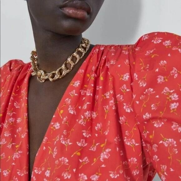 ZARA Red Floral Print Top Blouse With Belt Puff Shoulder Size XL - Picture 7 of 13